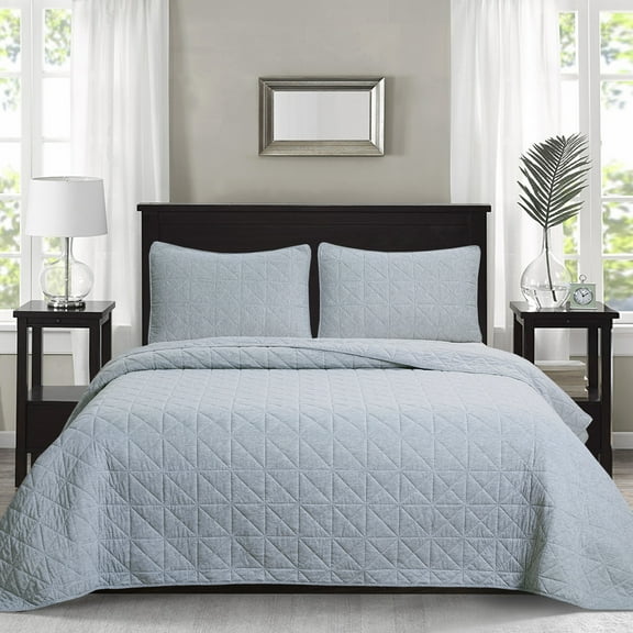 Chaps 3-Piece Jersey Knit Microfiber Quilt and Sham Set - Solid Coverlet Comforter - Grey - Size Full/Queen