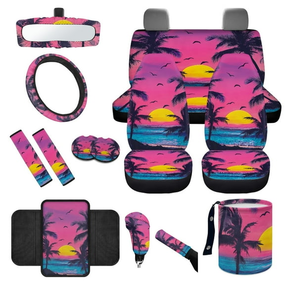 Yuyamidu Sunset Car Seat Covers Seaside Seat Belt Cover Armrest Pad Steering Wheel Cover Handbrake Cover Gear Shift Cover Cup Coasters Rearview Mirror Cover 14 Pieces Car Accessories