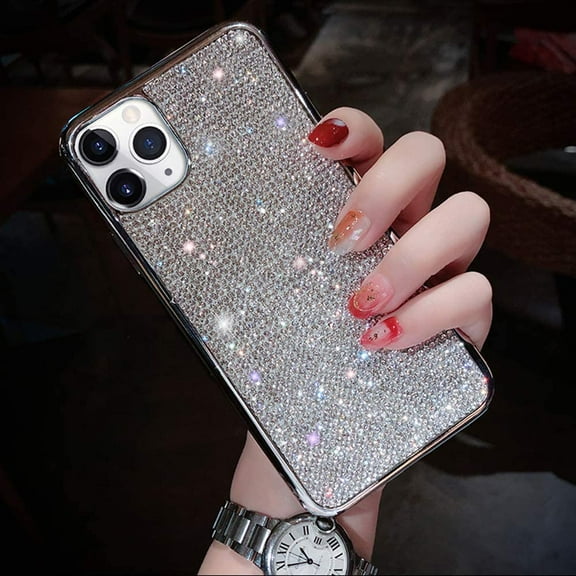 Fusicase for iPhone 11 Pro Max Diamond Case Cute Bling Glitter Rhinestone Crystal Shiny Sparkle Protective Cover with Electroplate Plating Bumper Luxury Fashion Case Silver
