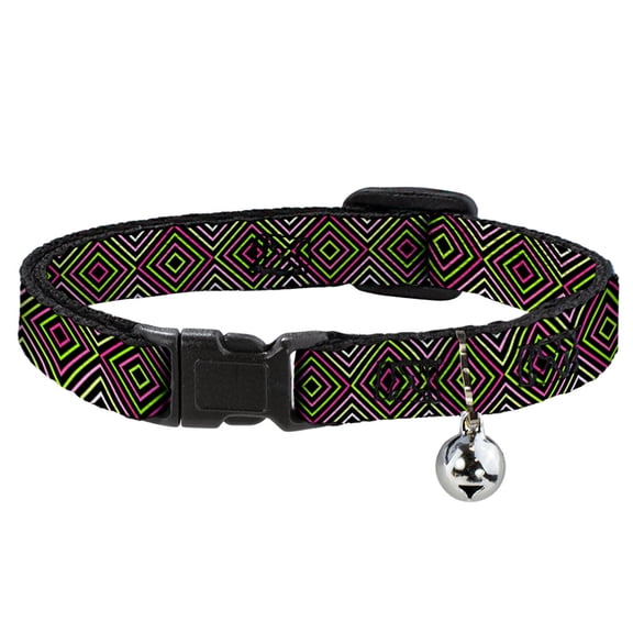 Buckle-Down Breakaway Cat Collar With Bell, Plastic Clip, Easy Adjustable, Square Lines Black Greens Pinks, 8.5 to 12 Inches 0.5 Inch Wide