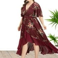 thumbnail image 6 of Moxiu Women's Plus Size Boho Floral Maxi Dress Curvy Short Sleeve Loose V Neck Flomal Long Dress Summer Wrap Empire Waist Long Dress 2025 Wine,XXXXL, 6 of 6