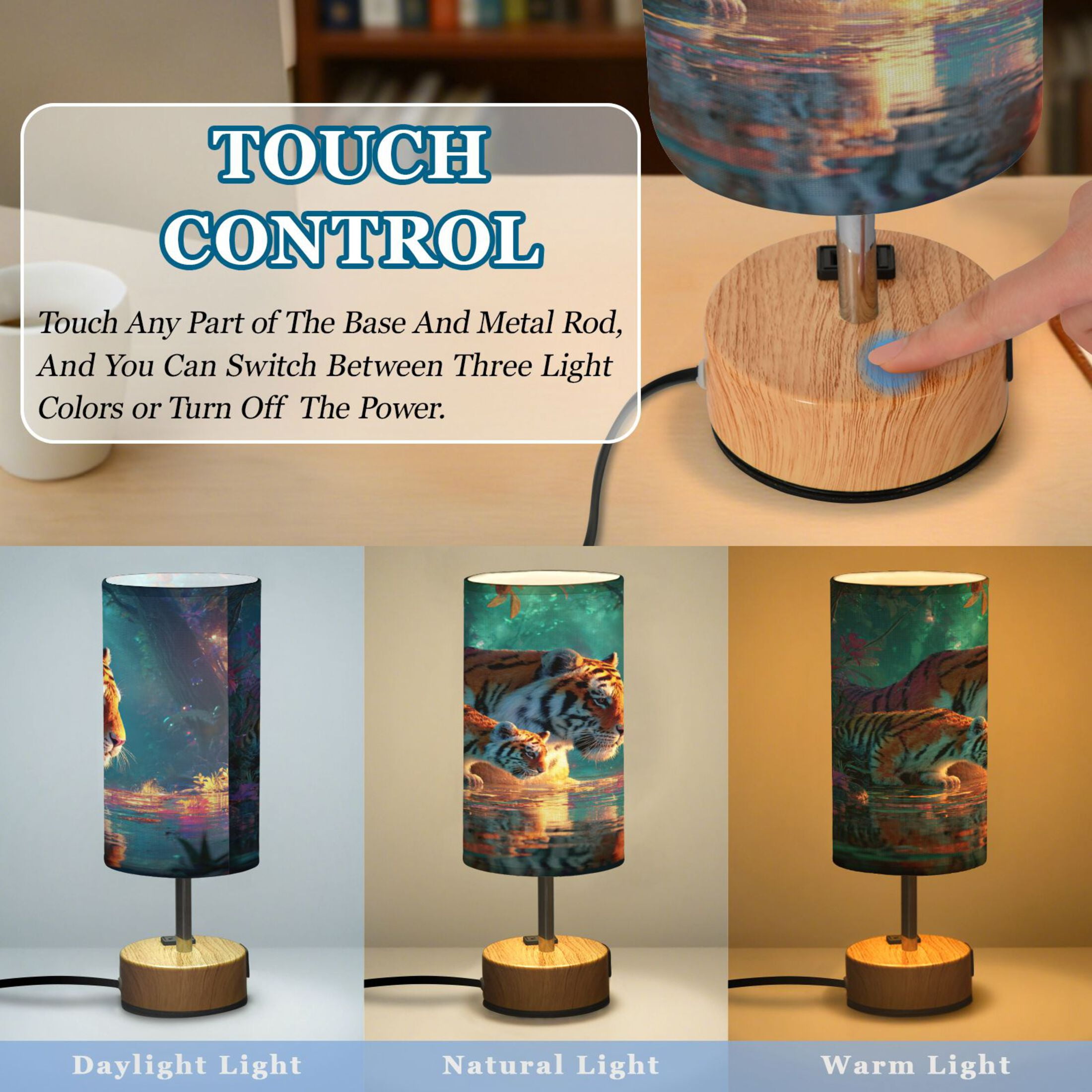 Touch-Control 3-Color Desk Lamp with Plug – Energy-Saving LED + 3 Simultaneous Charging Ports Two Tigers