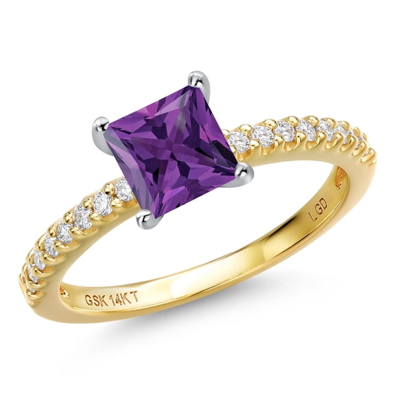 Gem Stone King 14K Two Tone Gold Purple Amethyst and Lab Grown Diamond Engagement Ring for Women | 0.81 Cttw | Princess 5MM | Gemstone February Birthstone | Size 9