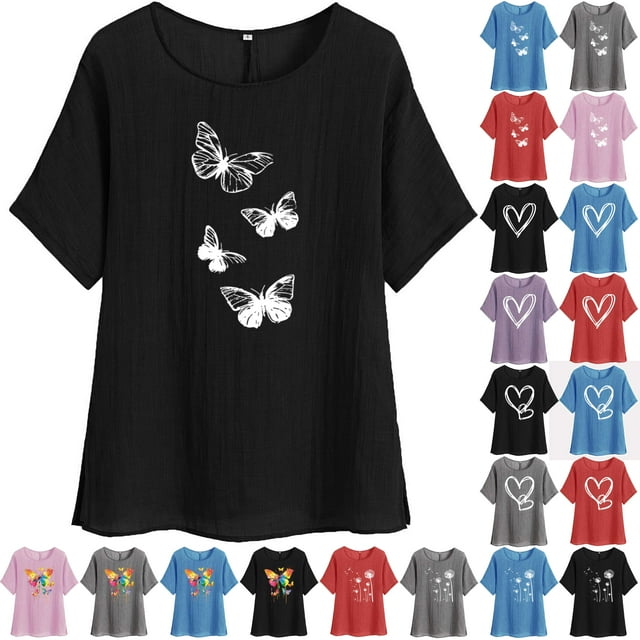 QATAINLAV Hauts d'Été pour Femmes en Coton et Lin de Plage Mode Tunique à Imprimé Papillon T-Shirts Amples Décontractés Col Rond Manches Courtes Blouses Fluides Hoy Oferta Flash Rose TTG