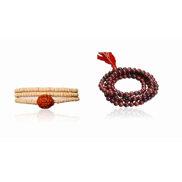 Kamada Combination of Rudraksha Tulsi mala and exquisite red chandan (Sandalwood) mala,Spritual Pendant Necklace for Women and Men