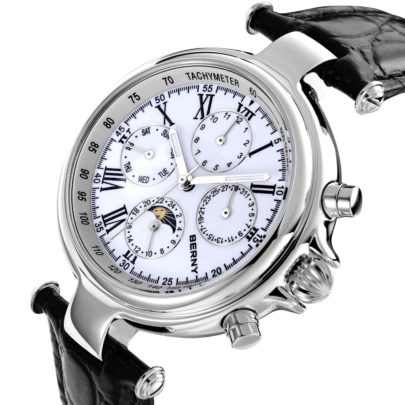 BERNY Automatic Watch for Men Classic Mechanical Self Winding Wristwatch 3ATM Waterproof Multi-Functional Dials Date, Week, Month and Moon Phase
