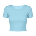 thumbnail image 3 of cocolona Womens Summer Crop Knitted Tops with Built in Bras Lace Crew Neck Short Sleeve T-shirts Slim Fit Tees Dressy Casual Blouses, 3 of 4