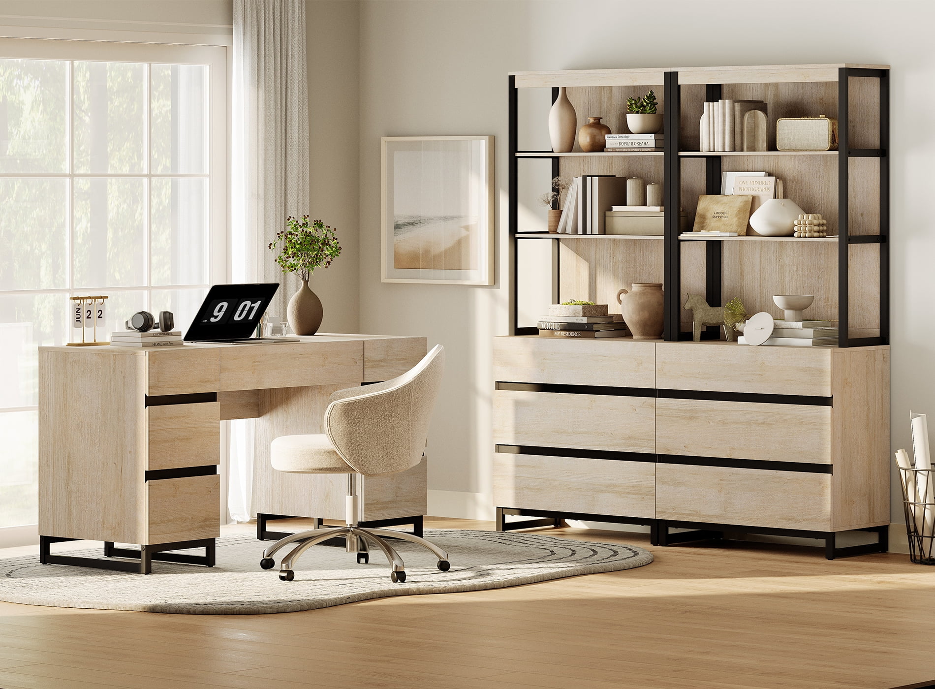 WAMPAT Home Office Furniture Set: 59in Modern Executive Desk with Charging Station and Drawers and 2 PCS 72in Tall Bookcases with 6 Drawers, Home Office Furniture for Living Room, Bedroom, Beige