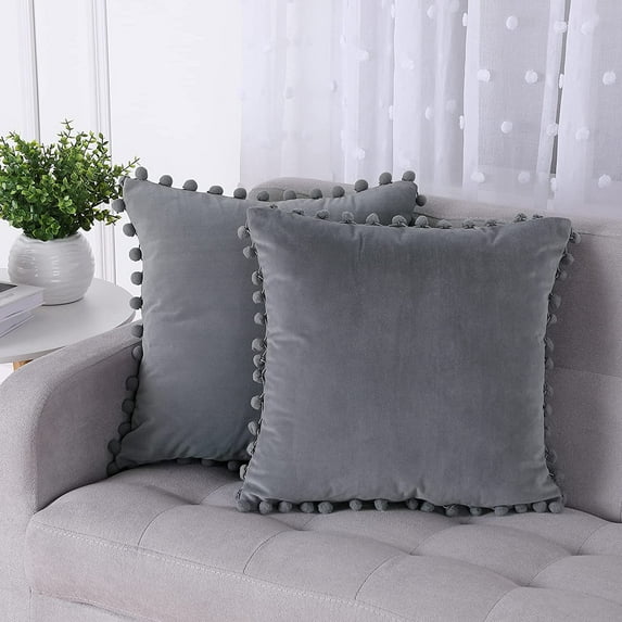 EastVita Throw Pillow Covers With Pom Poms Soft Solid Velvet Pillow Cases Square Decorative Cushion Covers For Couch Bedroom Car Sofa Outdoors