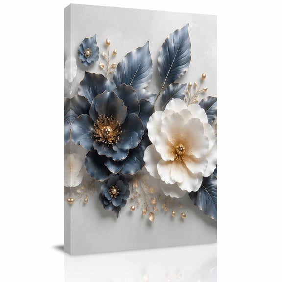 Canvas Wall Art, Navy Blue White Floral Framed Canvas Prints for Living Room Office, Modern Flowers Leaves Large Gallery Wrapped Wall Decor for Home Office, Gifts, 16"x24" Ship Next Day
