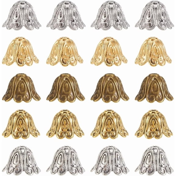 1 Box 100Pcs 5 Colors Flower Bead End Caps Tibetan Bead Caps Small Alloy Cone Vintage Retro Colorful Metal Spacer Charms Findings for Jewelry Making Necklaces Bracelets Earrings DIY Crafts
