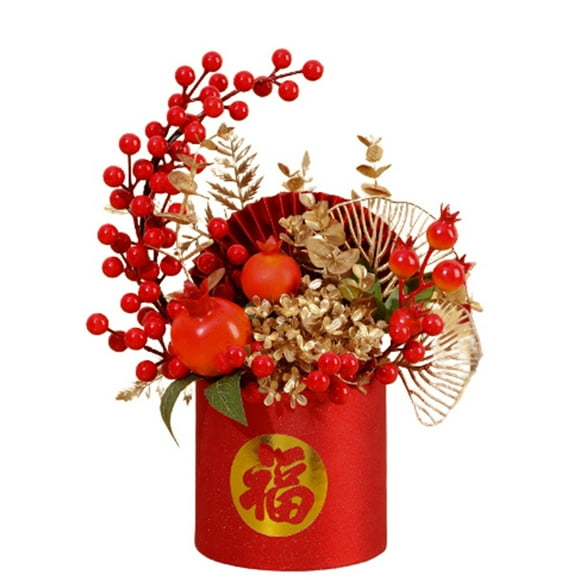 Riforla Chinese Flower Pot New Year Table Decoration Chinese Red Berry Flower Arrangement New Year Party Home Model B Desktop Ornament B