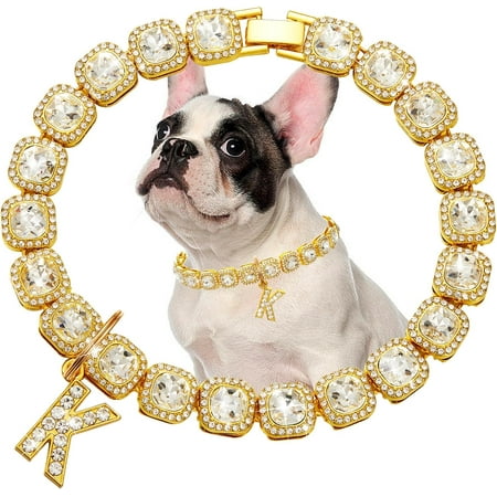 Shukong Silver Dog Chain Diamond Cuban Collar with K Letter Tag Wal Metal Chains Collars Secure Buckle Pet Cuban Link Jewelry Accessories for Small Medium Dogs s(12 )