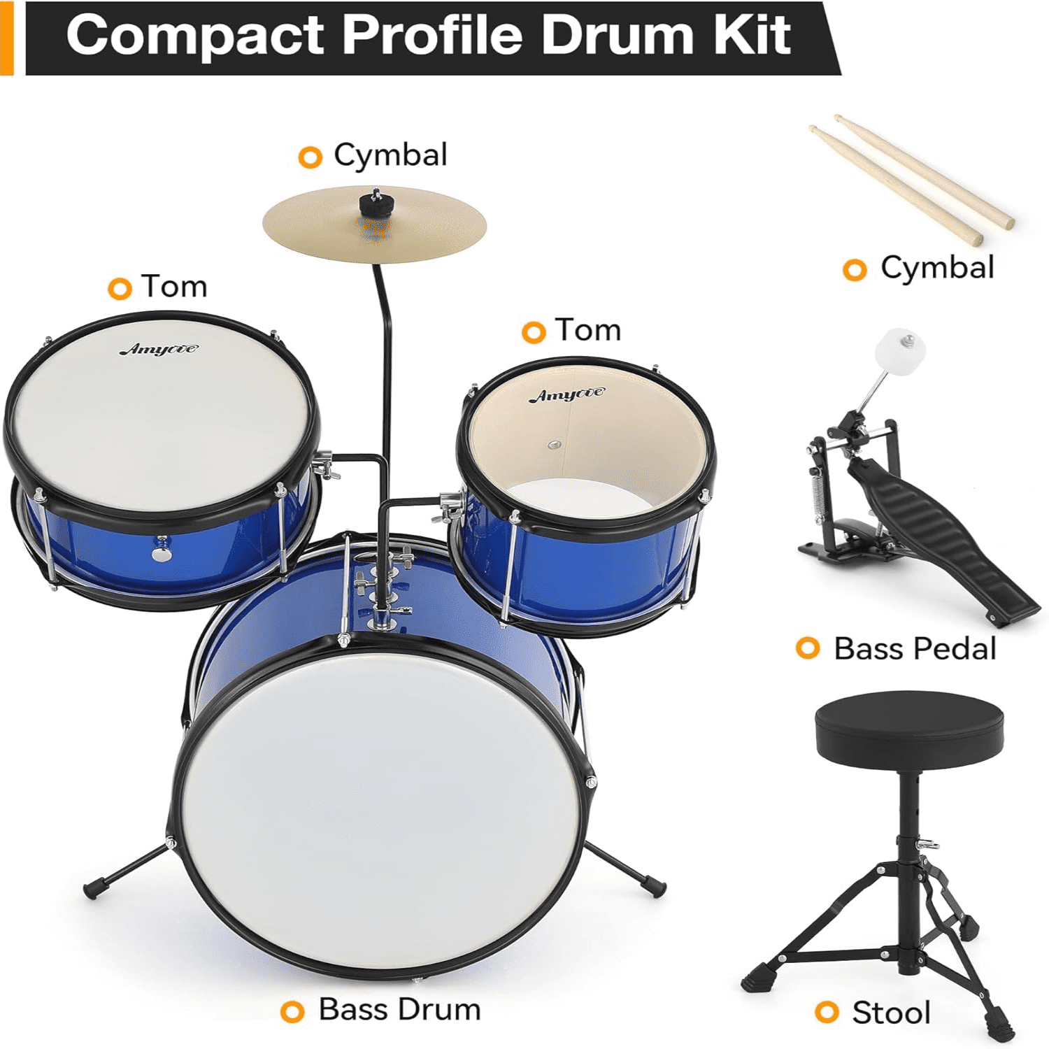 Drum Set for Kids Beginner Set with Bass, 2 Toms, Cymbal, Sticks, Bass Pedal and Stool Percussion Musical Instrument Birthday Playsetl