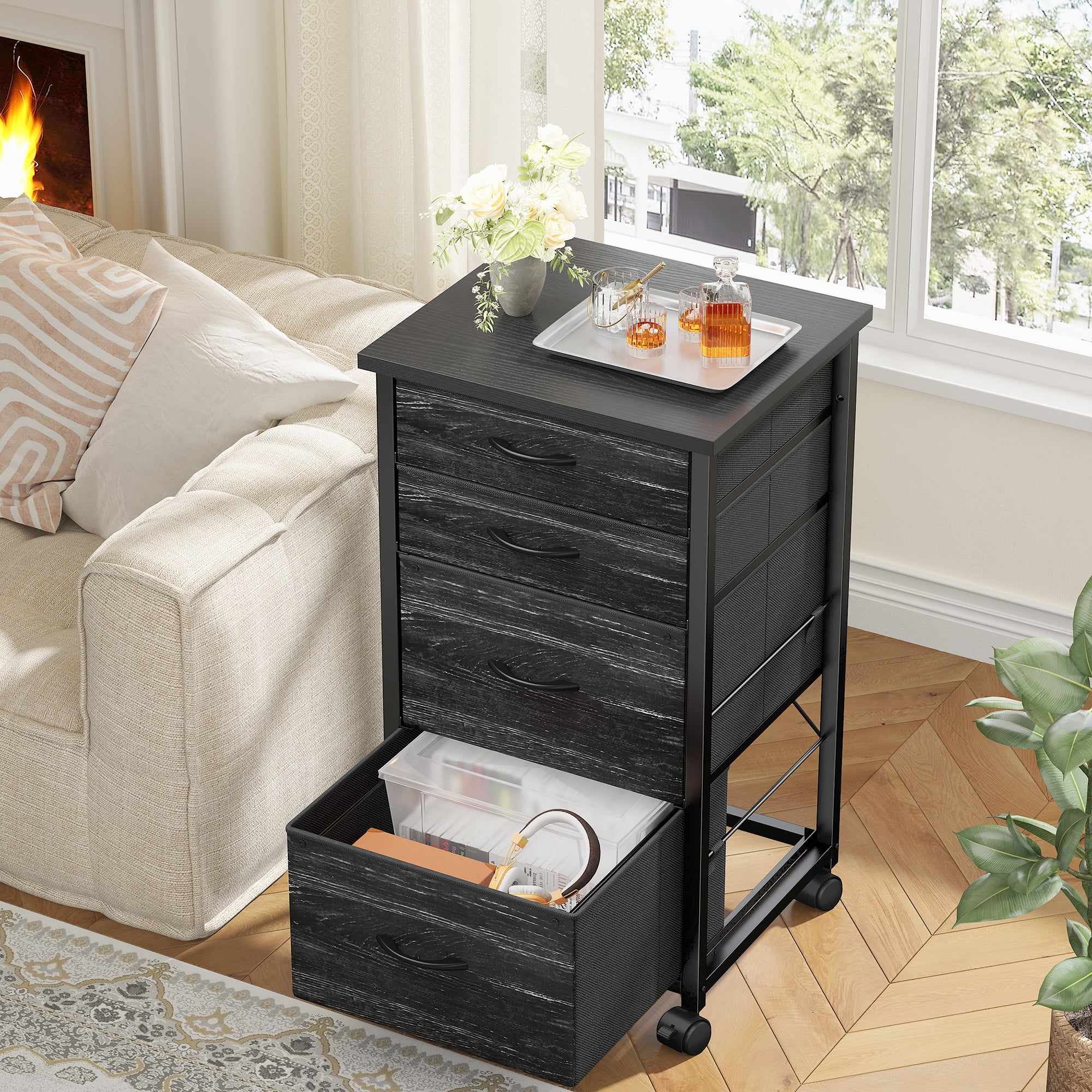 Romorgniz 4 Fabric Drawers Mobile File Cabinet Desk Table Cabinet Fits A4/Letter Size Printer Stand for Home Office，Black