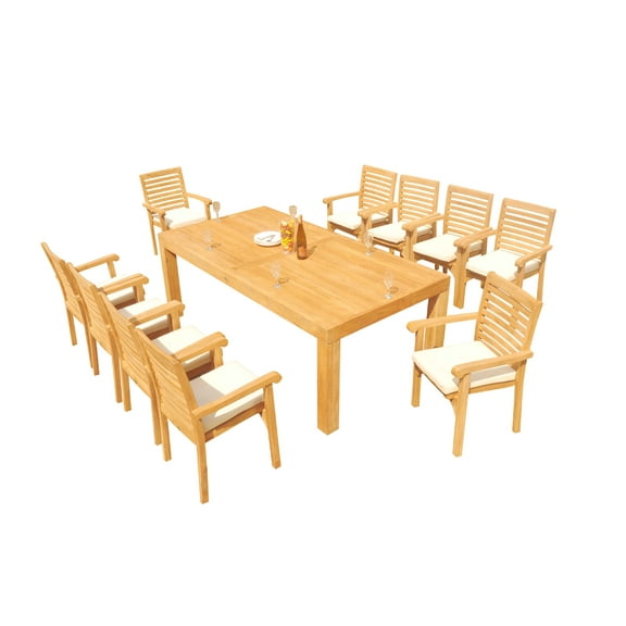 Grade-A Teak Dining Set: 10 Seater 11 Pc: 86" Canberra Rectangle Table And 10 Hari Stacking Arm Chairs Outdoor Patio WholesaleTeak #51HR1911