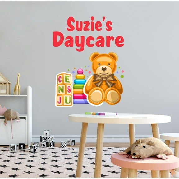 KIDS DAYCARE - Adhesive Child Care Multicolored Decoration Teddy Bear Alphabet Cubes Design Kids Playroom Nursery Personalized Name Wall Decal Sticker 8" x 10"