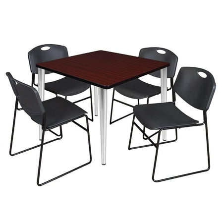 

Regency Kahlo 36 in. Square Breakroom Table- Mahogany Top Chrome Base & 4 Zeng Stack Chairs- Black