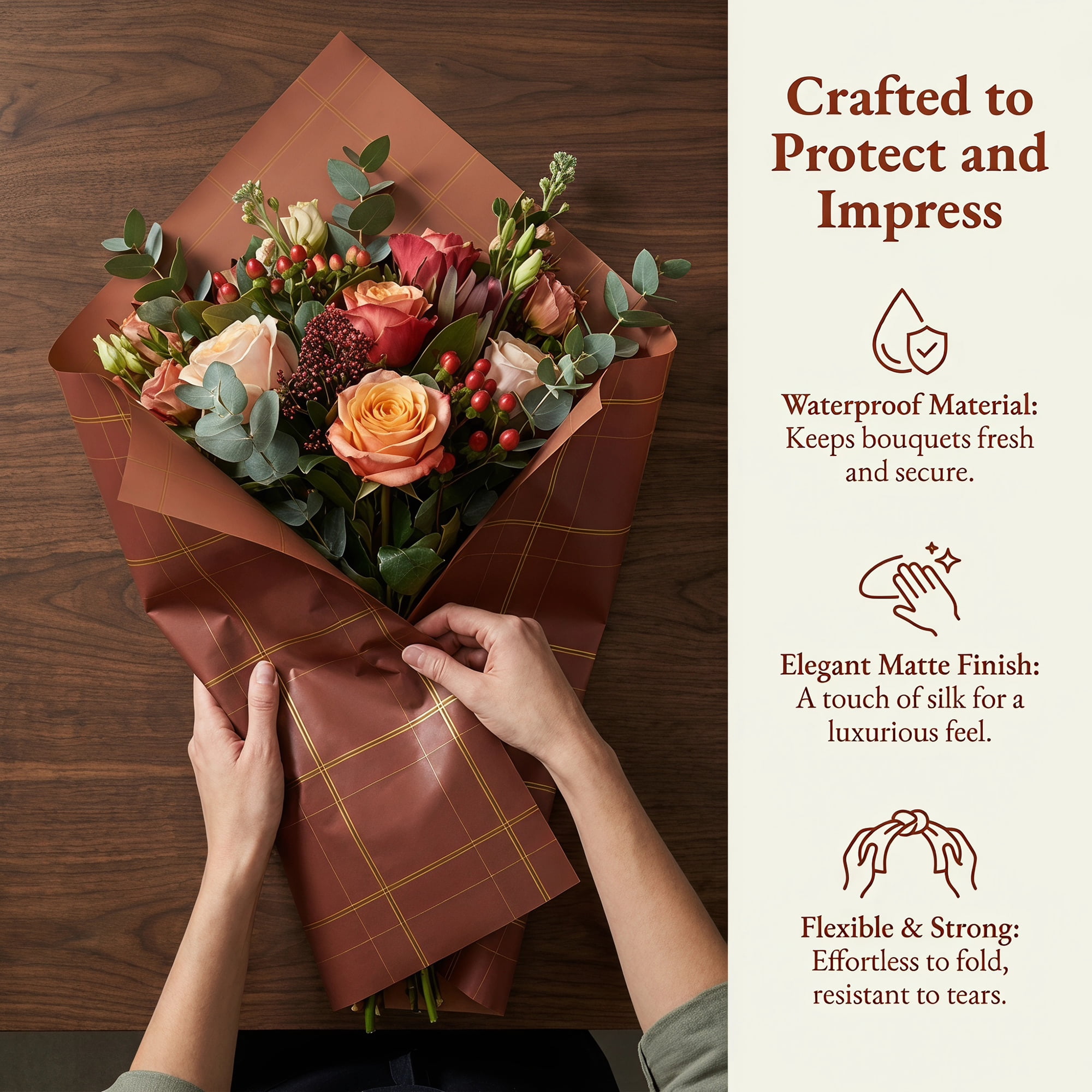 Unique Bargains Luxury Plaid Waterproof Gift Wrap Paper for Bouquets Coffee 22.4"x 22.4"