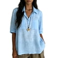 thumbnail image 2 of Babysbule Women's Linen Cotton Blend V-Neck Elbow Sleeve Blouse Button Down Casual Loose Fit Top with Chest Pockets for Spring Summer Daily Office and Vacation Wear, 2 of 7
