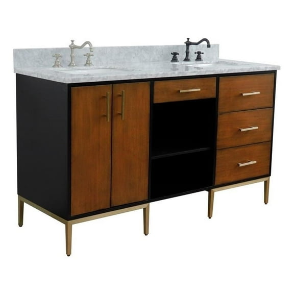 61 in. Double Wooden Vanity Walnut Black White Carrara Marble Rectangle Sink