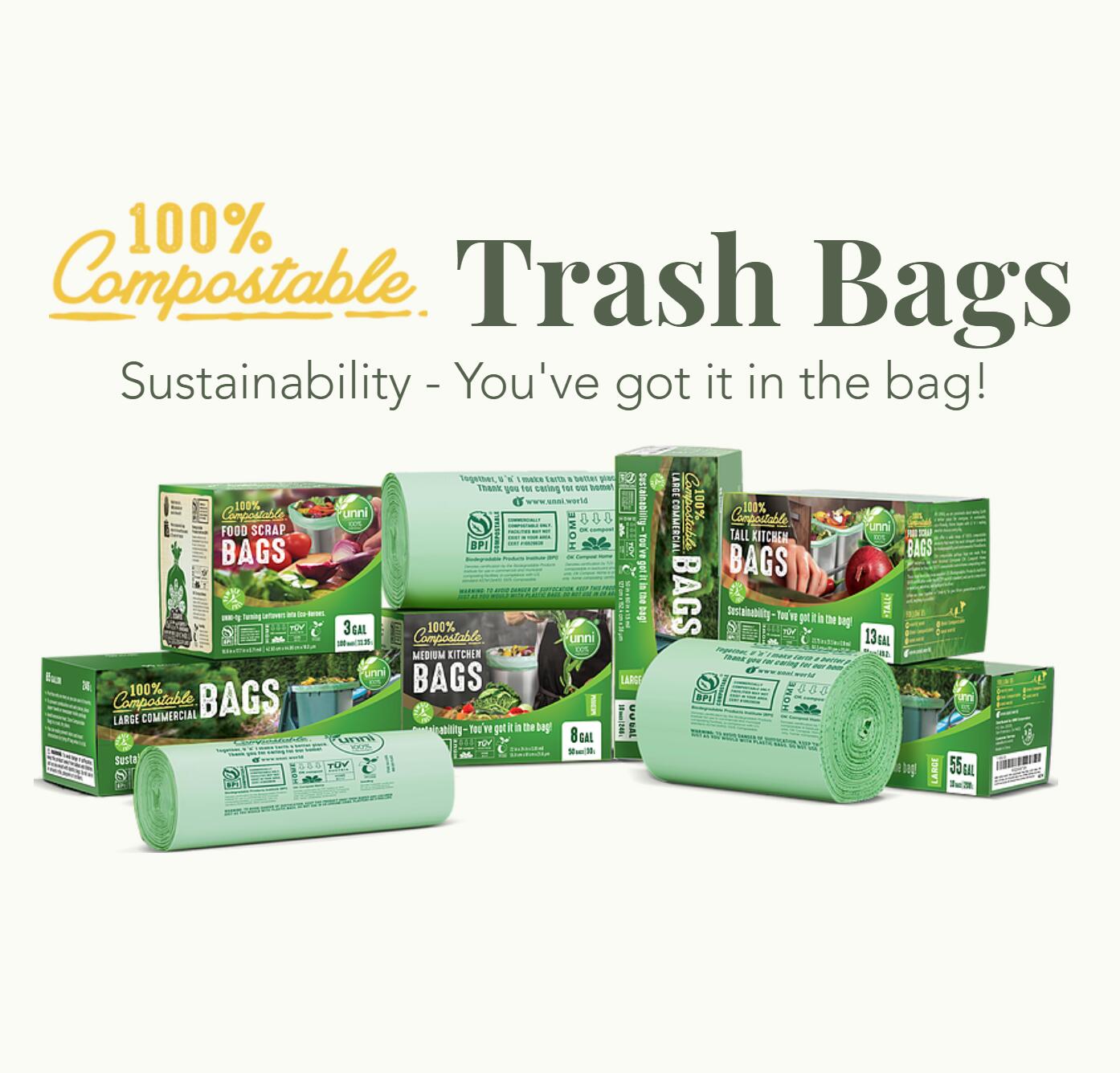 100% Compostable Trash Bags 1.6 Gallon/6 Liter Wave Tie 130 Count BPI ASTM  D6400 Certified 