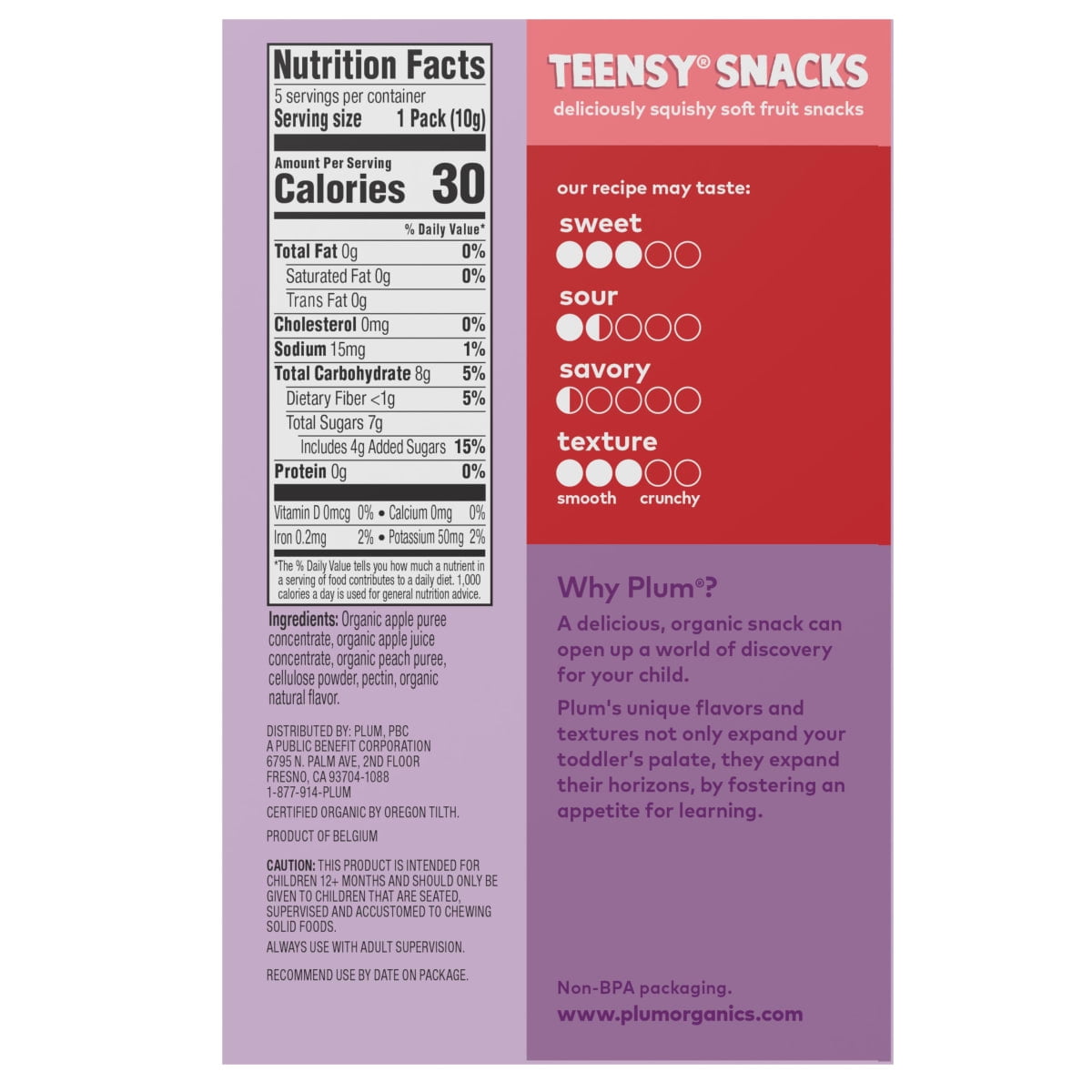 Plum Organics Teensy Snacks Soft Fruit Snacks, Peach, 0.35 oz Bags, 5 Count, 8 Pack