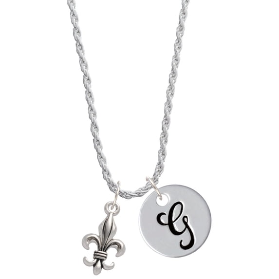 Delight Jewelry Medium Antiqued Fleur di Lis Silvertone Script Initial Disc - G - Charm Necklace, 20"+3"