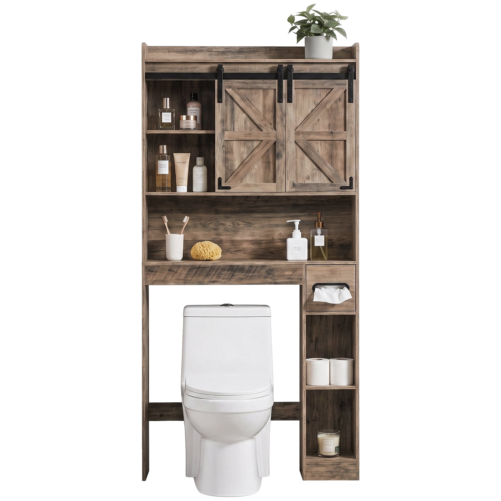 Toilet Cabinet, 2 Doors and Contain, 2-Tiered Bathroom cabinet with Side Storage Rack and Tissue Box Barn door style MDF Melamine-Faced Bathroom Vanity, 31.5*8.66*69.69in