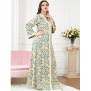 OBEEII Muslim Abaya Dress for Women Elegant Floral Islamic Dubai Long Sleeve Kaftan Maxi Dress Eid Party Loose Fit Muslim Prayer Dresses