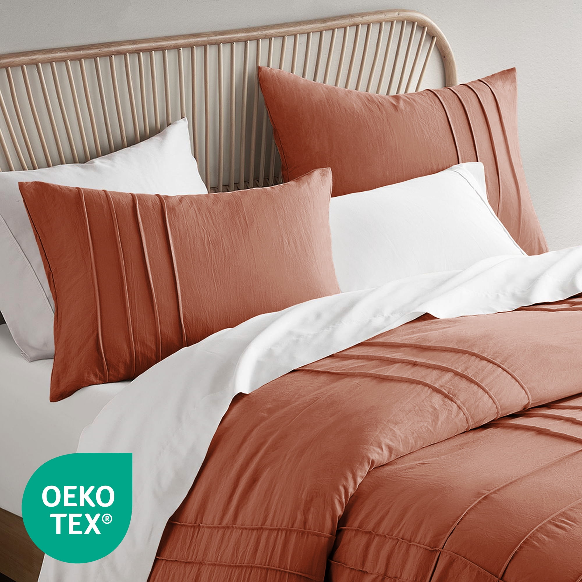 Regency Heights Full/Queen Comforter Set, Boho 3-Piece Pintuck Stitching Bedding Set, Soft Washed Pleated Bed Sets with Pillow Shams, Burnt Orange