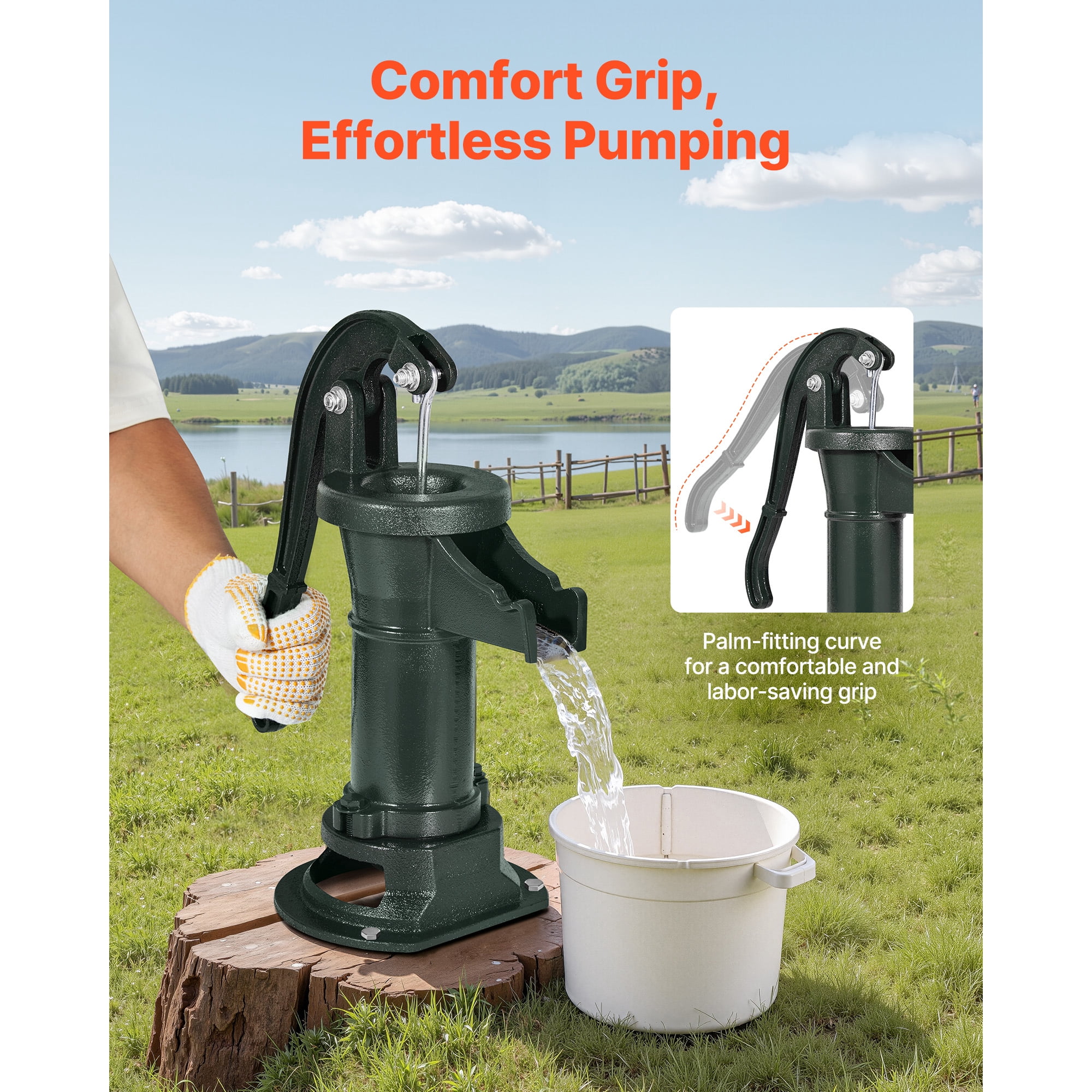 KFFKFF Antique Cast Iron Hand Well Pump, 25 ft Max Lift, Antique Pitcher Pump with 1-1/4 in NPT Connection, Manual Water Pump for  Gardens, Ponds, Backyards, and Farms, Green