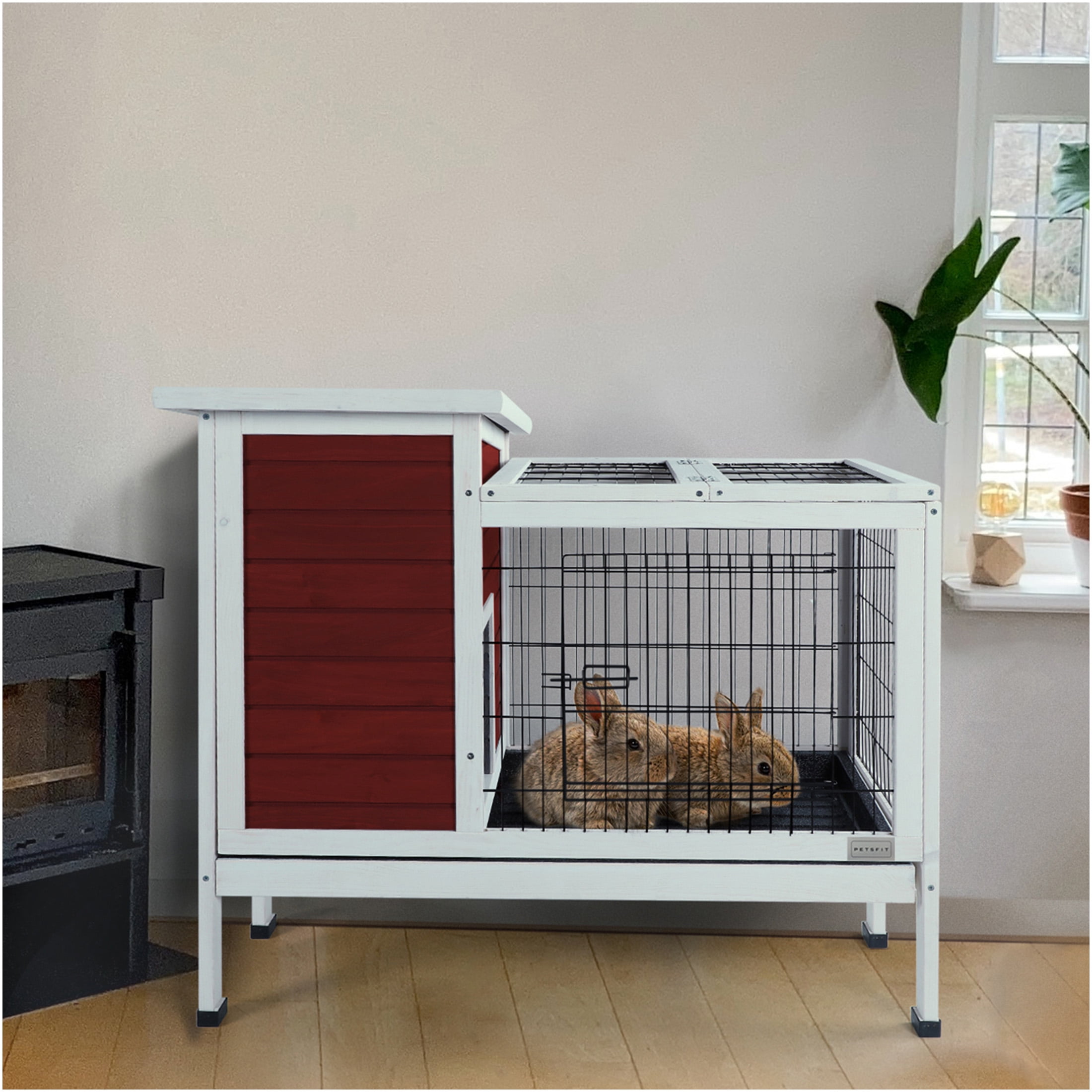 JERFIT 2-Story Rabbit Hutch with Outdoor Run, Leak-Proof Tray & Waterproof Roof - Solid Wood Cage for Rabbits, Guinea Pigs, Ferrets