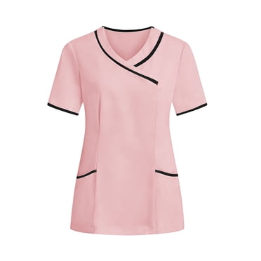 Women's Mock Wrap V-Neck Scrub Top with 2 Pockets Plus Size Short Sleeve Stretchy Nurse Uniform Tee Shirts