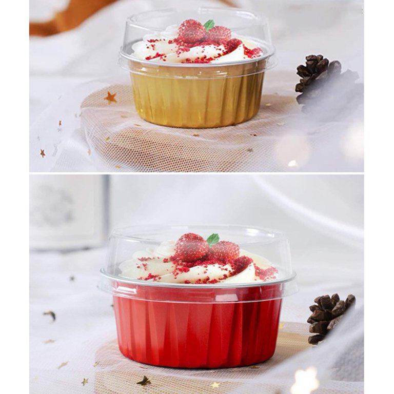 Marbhall 10pcs Aluminium Foil Baking Cups with Lids Creme Brulee Cupcake Liners, Desert Cheesecake Pans Flan Molds Tin Cups Containers for Party Favor Birthday