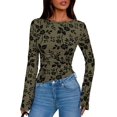 thumbnail image 3 of Women Long Sleeve Floral Mesh Tops Blouse Trendy Boat Neck Ruched Fitted Shirt Going Out Outfits Green XS, 3 of 10