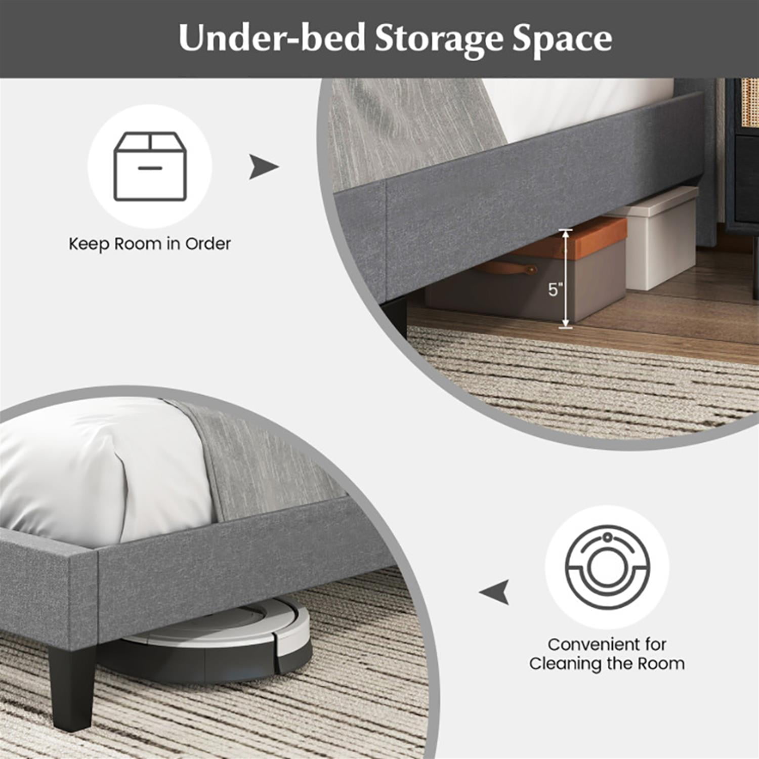 Demi Bonn Queen Size Upholstered Platform Bed Frame with Square Stitched Headboard and Wooden Slats Support, Fully Upholstered Mattress Foundation, Gray