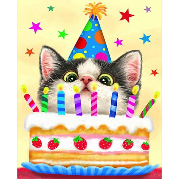 Cuadros Decorativos Kits de pintura de diamante DIY 5D de gato lindo de cumpleaños, arte de pared de taladro redondo completo (B5528) Wdftyju de costura negro 4 estilos