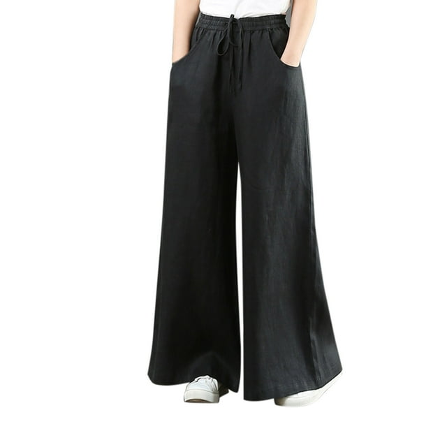 Pantalones palazzo de algodón y lino de cintura alta para mujer, con bolsillos, pantalones informales para estar por casa.