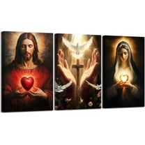 Hieng Sacred Heart Wall Art 3 Pieces Jesus Mary Portrait Pictures Christian Catholic Canvas Prints Cross Dove of Peace Paintings for Church Decor Unframed