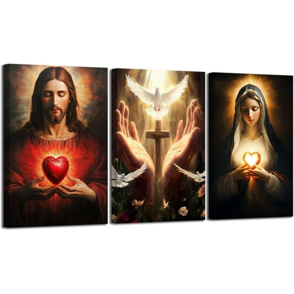 Hieng Sacred Heart Wall Art 3 Pieces Jesus Mary Portrait Pictures Christian Catholic Canvas Prints Cross Dove of Peace Paintings for Church Decor Unframed