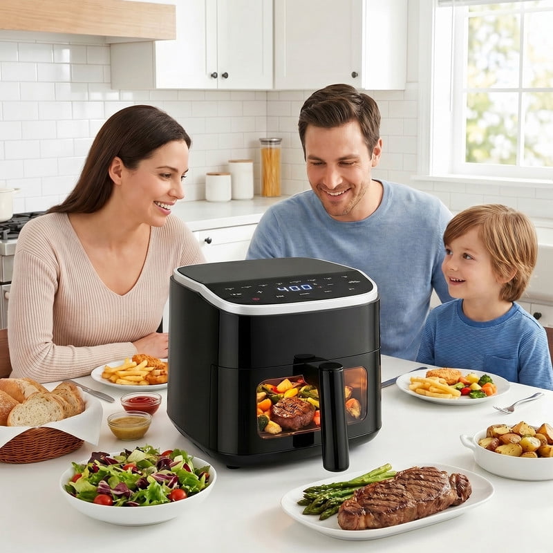 Parcus 4QT See-Through Window Air Fryer – 1500W Digital Touchscreen, 8 Cooking Modes, 60-Min Countdown Timer, Safety Auto Shut-off, Effortless-Clean Nonstick Basket, Up to 400°F – Black