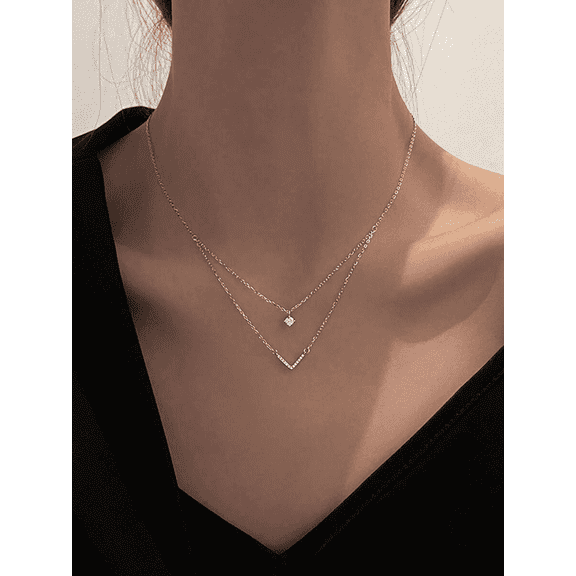 Silver Double Layer V-Shaped Zircon Necklace Light Luxury Stacked Necklace Shows Collarbone High-End Collarbone Chain