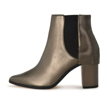 

Schutz Dibny New Aco Pewter Leather Chelsea Mid Block Heel Pointed Ankle Bootie (Pewter 8)