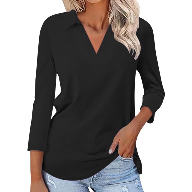 WTXUE T-Shirts à Manches Longues, Chandails à Col Rond pour Femmes à Manches 3/4 T-Shirts d'Été à Col en V Chemises à Col en Coton Uni, T-Shirts Chemises en Lin Hauts Décontractés pour Femmes Black L