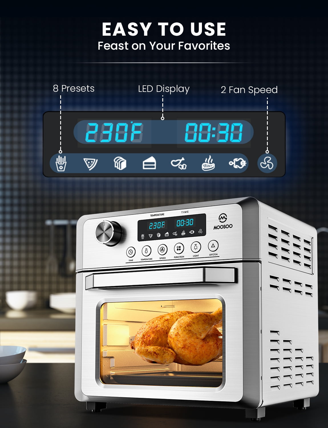 Moosoo Electric Air Fryer Oven Rotisserie 4.7 Qt For Fish/pizza
