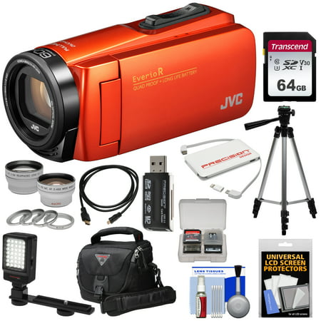 JVC Everio GZ-R460 Quad Proof 1080p HD Video Camera Camcorder (Orange) with 64GB Card + LED Light + Tripod + Case + Charger + 2 Lens Kit