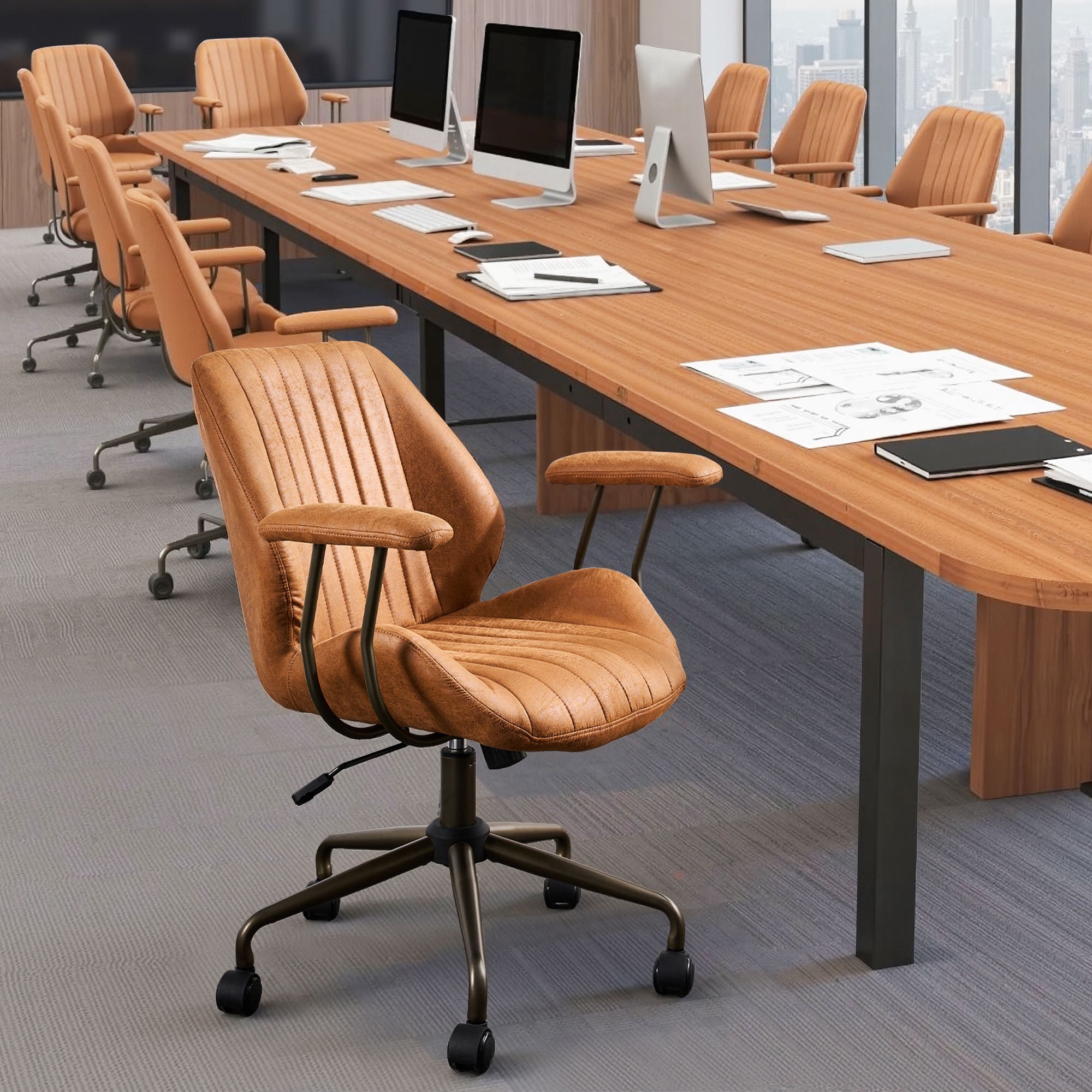 Toject Ergonomic Office Chair, Mid Back Comfy Home Office Chair with Lumbar Support, Mid-Century Modern Computer Executive Desk Chair with Thickened Cushions (Suede Leather, Brown)