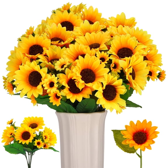 Armscye 16 Pieces Sunflowers Artificial Fall Flowers, 10 Bouquets with 13 Blooms 6 Single Stem Sunflowers, UV Resistant Silk Fake Flowers for Indoor Autumn Harvest Home Decor
