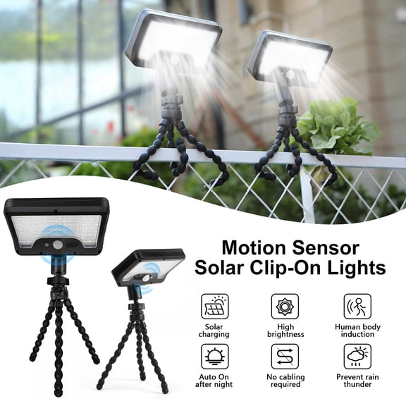 Merryhome 2Pcs Solar Motion Sensor Lights Outdoor,Solar Flood Lights Outdoor,USB & Solar Powered,3 Modes&92 LEDs,IP65 Waterproof Clip on Fence Lights for Garden,Gate,Camping( Cold Light) 